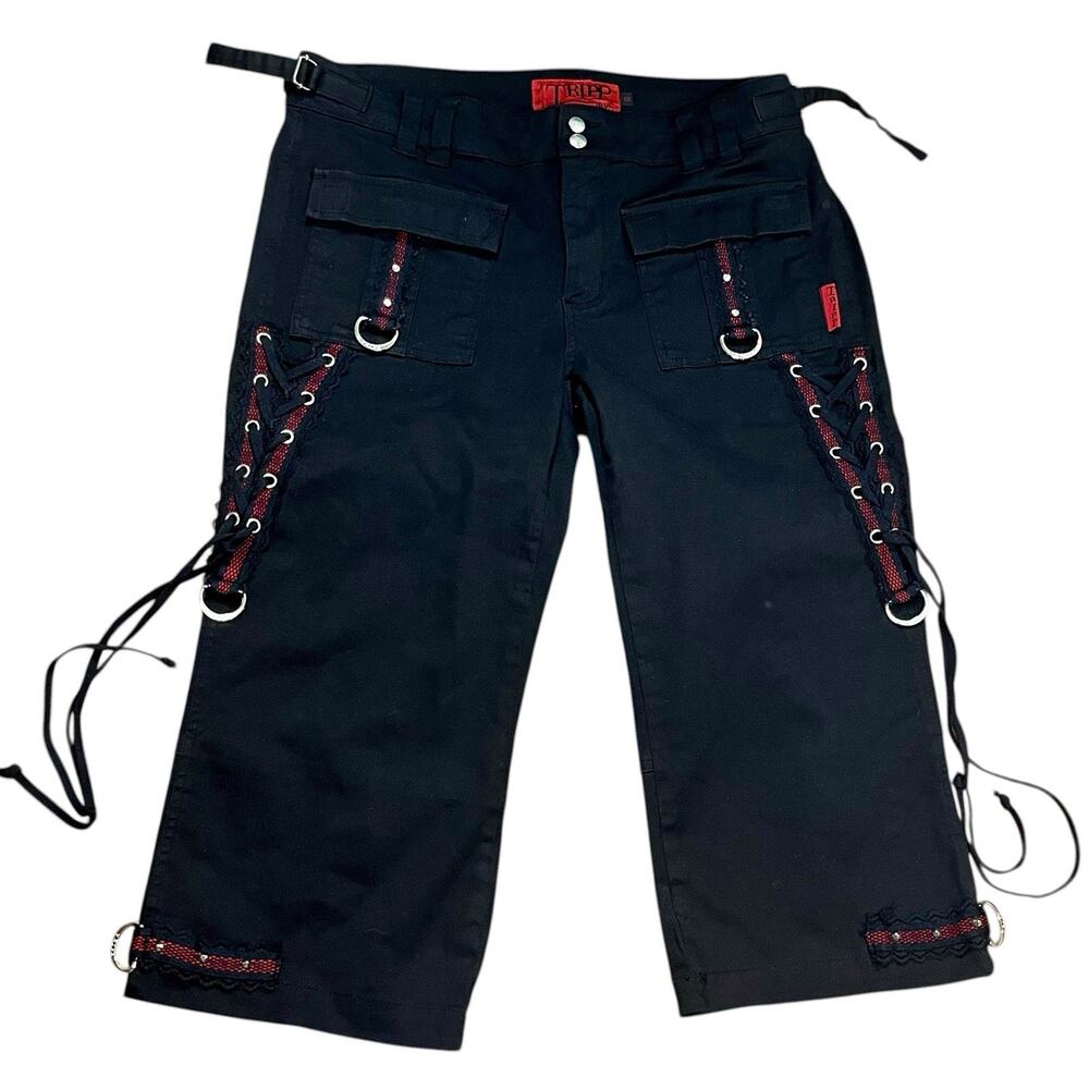Y2K Tripp NYC Bondage Pants Sz 13 M Lace Up Corset Goth Punk USA Red Lace Trim